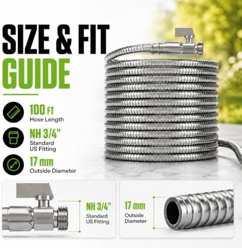 Morvat 100ft Stainless Steel Garden Hose Metal with Brass ON/OFF Valve, Heavy Duty for Nozzle, Water, Yard & Outdoor, Lightweight No-Kink, Crush & Puncture Resistant, Roll of Teflon Tape & 3 Washers - Image 6