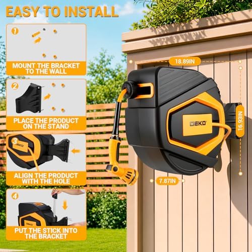 Retractable Garden Hose Reel:100 ft x 1/2 inch, Garden Hose Reel with 9-Pattern Nozzle, 180°Swivel Bracket Wall-Mounted, Automatic Rewind, Lock at Any Length, with Slow Return System - Image 7