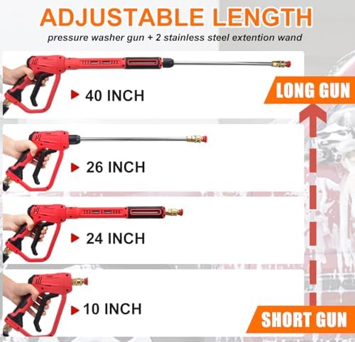Brass Power Washer Gun and Hose Kit, Pressure Washer Gun with 50FT Washer Hose & 2 Extension Wands, 40" Adjustable Length with 3/8" Quick Connect, M22 Fitting, 5 Nozzle Tips,4350PSI - Image 2