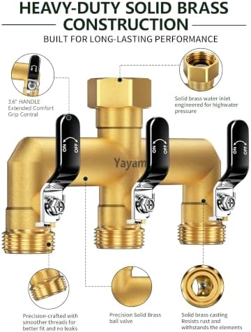 3-Way Garden Hose Splitter, Heavy-Duty Brass, 3/4" GHT, Black - Image 2