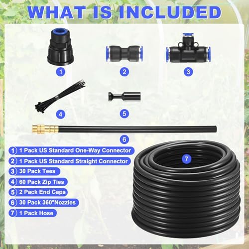 M METERXITY 1-Set Drip Irrigation System, 98Ft 1/2" Hose Garden Watering Misting System with 30pcs 360° Adjustable Copper Nozzles for Greenhouse/Yard/Lawns, Atomizing Watering Accessories - Image 5