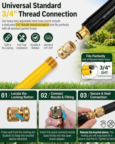 Home High Pressure Hose Nozzle with 3/4" Brass GHT Adapter,Heavy Duty Adjustable Twist Hose Nozzle Jet Sweeper Nozzles Fit Standard US/CA Garden Hose for Car & Yard Cleaning (3) - Image 3