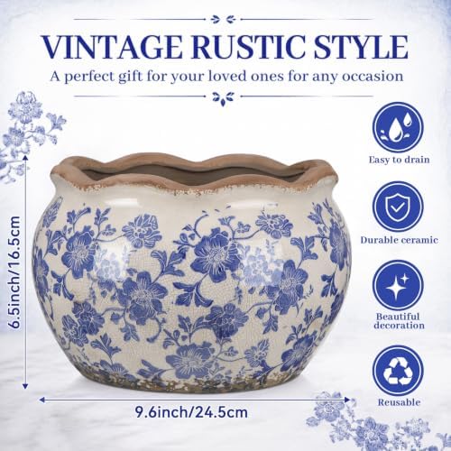 Geetery Ceramic Planter Pot 9.6 Inch Round Plant Pot,Chinoiserie,Blue,Med - Image 2