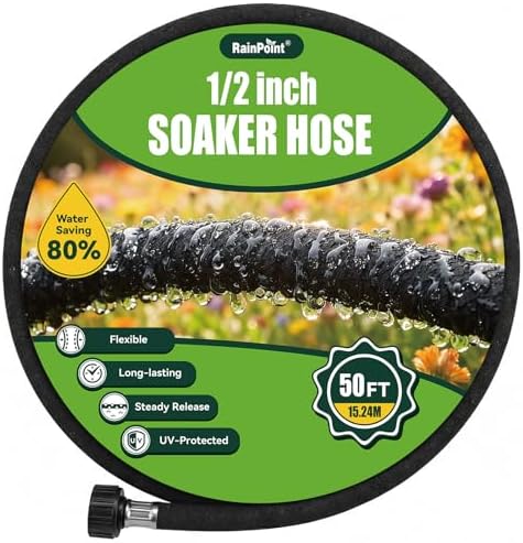 RAINPOINT 1/2'' Soaker Hose 50ft for Garden, Drip Irrigation Hose, Water Seeper Soaker Hoses for Foundation Watering, Save 80% Water for Vegetable Gardens, Flower Beds, Lawns, Orchards, Green by RainPoint