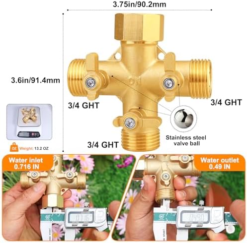 SIGURANTA Garden hose splitter, Brass 3 Way High Flow with Valve 3/4GHT splitter Connector (3 - way flow division 2PCS) - Image 2
