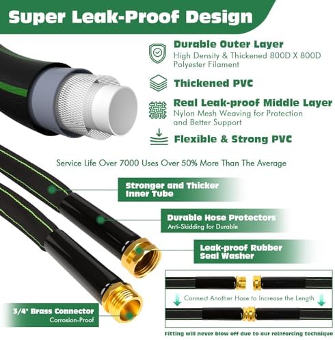 Garden Hose 75 ft Water Hose Flexible Heavy Duty Lightweight No Kink Long Outdoor Non-Expandable High Pressure Flat Hoses Pipe 75’ Strong 3/4’’ Brass Fitting for Outside Yard Lawn Car Wash - Image 2