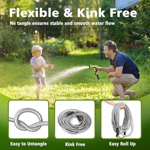 Metal Garden Hose 50ft Stainless Steel Hose Heavy Duty Flexible Water Hose with 10 Way Spray Nozzle Durable 3/4 Solid Brass Fittings-Outdoor Yard Lightweight No Kink Collapsible Water Pipe - Image 3