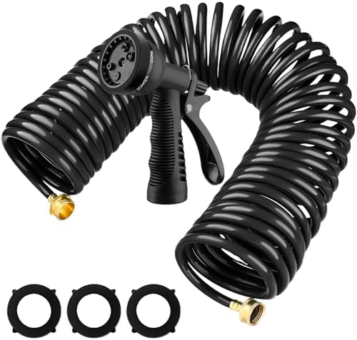 Pangda Expandable Coil Garden Hose 100 ft with Spray Nozzle, Black by Pangda