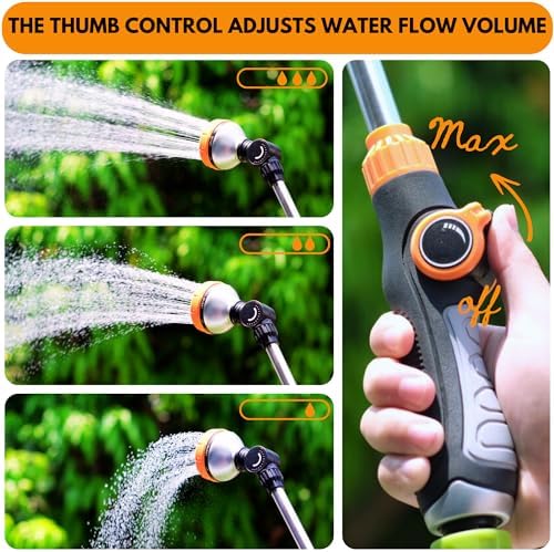 Heavy Duty Metal Watering Wand - 18" Garden Hose Wand with Swivel Ratchet Head, 8 Spray Patterns, Thumb Flow Control, Garden Hose Nozzle Sprayer For Watering Hanging Baskets, Shrubs, Garden - Image 2
