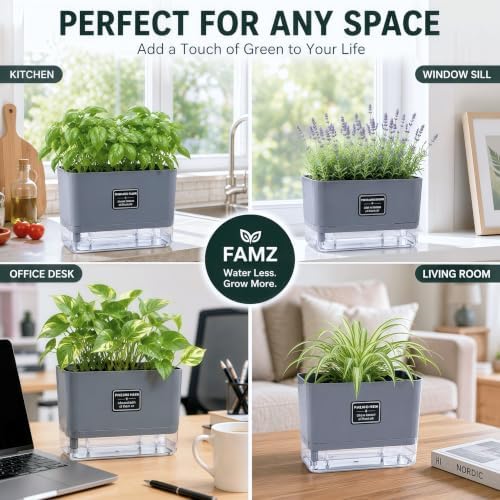 Self Watering Planters 4 Pack, 7 Inch Rectangle Plant Pots with Visible Water Reservoir, Indoor Outdoor Herb Planter Boxes for Windowsill，African Violets，Succulents，Flowers，Kitchen，Office，Balcony Gray - Image 2