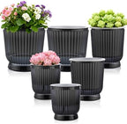 Set of 6 Self Watering Plant Pot 3 Sizes Plastic Double Layer Self Watering Flower Pot with Multi Mesh Drainage Holes Wicking Reservoir for Indoor Outdoor Garden Plants(Black) by Ferrochef