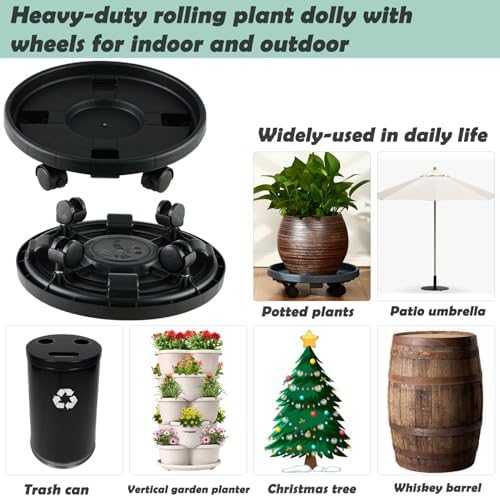 5 Packs Large Plant Caddy with Wheels 13" Rolling Wheeled Plant Stands Heavy-Duty Plastic Flower Pot Roller Base Movers Indoor Outdoor Planter Dolly with Casters Trolley, Black - Image 7