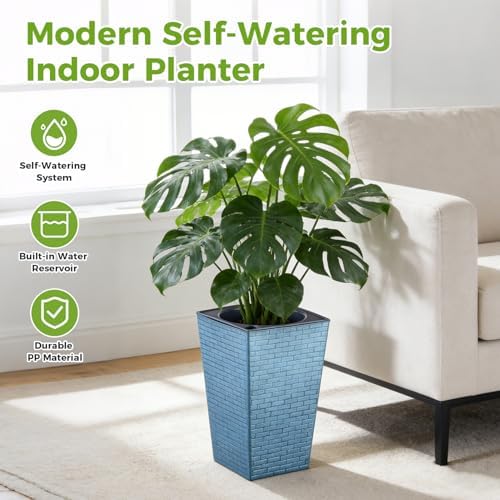 Self Watering Pots for Indoor Plants, 2 Pack Flower Pots Self Watering Planter 10.7" x 6.9" Plastic Pots African Violet Wick and Grow Pots Tall Orchid pots Square Large Plant Pots, Blue - Image 2