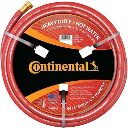 Continental Premium Garden Red Heavy Duty Hot Water Garden Hose, 5/8in Inside Diameter x 50ft Length, Male x Female Garden Hose Thread by Continental