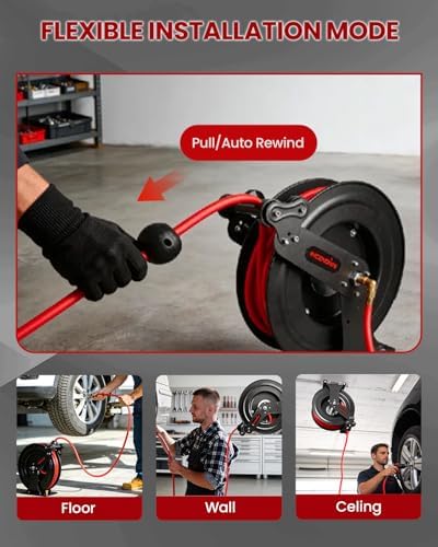 Retractable Air Hose Reel, Auto Rewind 3/8" x 65 FT Hybrid Polymer Hose - Image 4