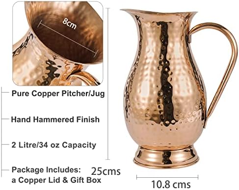 Pure Copper Pitcher with a Lid, Large Size Solid Handcrafted Copper Water Hammered Jug, Capacity 70 Oz/2000ml, Copper Carafe For Home, Hotels & Gifting - Image 4
