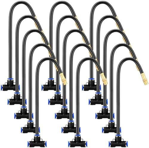 Zonon 15 Pcs Brass Misting Nozzles Tee with 16" Built in Hose for 0.32"/8 mm Tubing 360 Degree Rotation Adjustable Water Mister Nozzle Thread Sprayer Misting Part Accessories for Patio Outdoor Cooling by Zonon