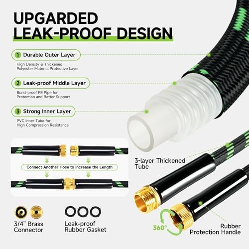 Garden Hose 100 ft Flexible Water Hose Non-Expanding Lightweight Kink-Free Hoses Durable Leak-Proof High Pressure Pipe with 3/4” Brass Fitting 10 Function Nozzle for Outdoor Yard Lawn Car Wash - Image 2