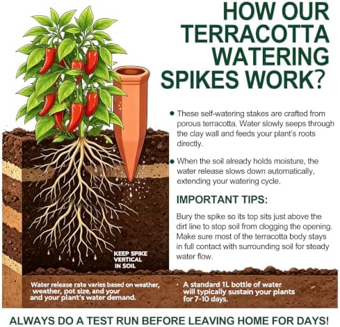 Terracotta Self‑Watering Spikes, Slow‑Release Plant Waterer Stakes, 8 Pack - Image 3