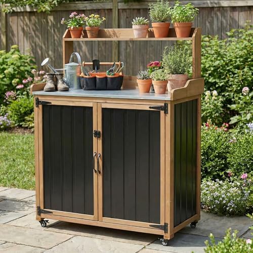 Outdoor Storage Cabinet with 4 Wheels and Handle, Metal & Wood Potting Bench Storage Cabinets with Waterproof Top, Removable Shelf, Potting Table & Workstation for Garden, Patio, Balcony, Garage by MAGAZOOPET
