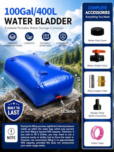 100 Gallon Water Bladder Tank, 2000D PVC Portable Water Storage Bag Blue - Image 2