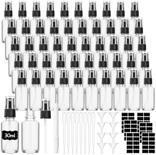 60 Pack 1 oz Clear Glass Spray Bottles Portable Travel Bottles with Mini Funnel Dropper Labels and Marker Refillable Spray Bottle for Cosmetic Essential Oils Skin Care Daily Cleaning by Yiyiring