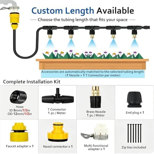 Drip Irrigation Kit Water Misting System, Sturdy PE Tubing & 4 Spray Brass Nozzles, for Rooftop/Patio/Canopy/Gazebo/Balcony(L 5m(16.4ft)) - Image 2