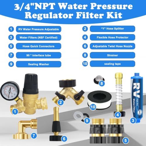 RV Water Pressure Regulator Filter Kit, Camper Water Pressure Regulator with Gauge, Hose Splitter, Brass Elbow Flexible Connector,Inline Water Filters, Sprayer - Image 2