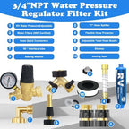 RV Water Pressure Regulator Filter Kit, Camper Water Pressure Regulator with Gauge, Hose Splitter, Brass Elbow Flexible Connector,Inline Water Filters, Sprayer - Image 2