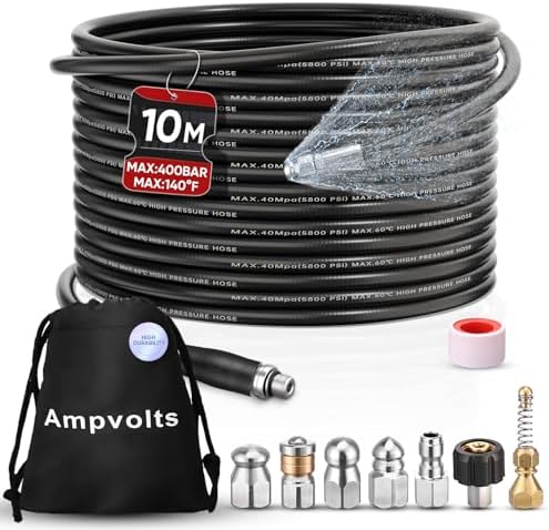 33FT Sewer Jetter Kit for Pressure Washer, 5800 PSI Drain Cleaning Hose with 5 Jet Nozzles & 2 Adapters, Compatible with Spray Guns and Power Washers, Ideal for Clogged Pipes and Drains by Ampvolts