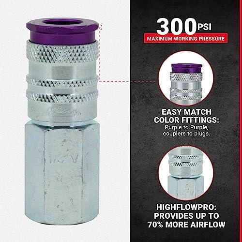 Milton 764VC ColorFit HIGHFLOWPRO V-Style Air Couplers, 1/4" FNPT Female Quick Connect, Purple Color-Coded High-Flow Fittings, Up to 70% More Airflow, 300 PSI, Box of 10 - Image 2