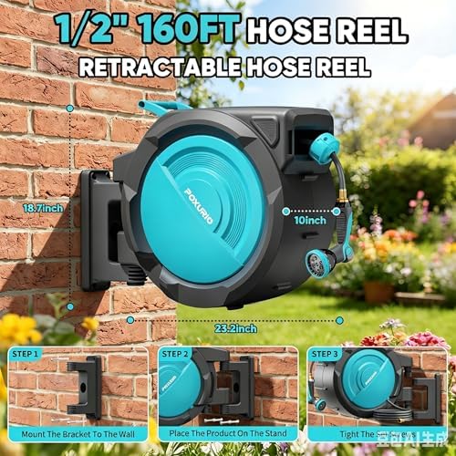 1/2" 160FT Retractable Garden Hose Reel - POXURIO Heavy Duty Automatic Wall Mounted Hose Reel Upgraded UV Resistant, 3/4" Brass Fitting, 10 Pattern Nozzle, 180° Swivel&Any Length Lock Slow Retraction - Image 2