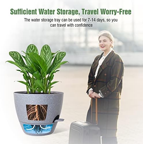 10 inch Self Watering Planters, 2 Pack Large Plastic Plant Pots with Deep Reservior and High Drainage Holes for Indoor Outdoor Plants and Flowers, Speckled Grey - Image 2