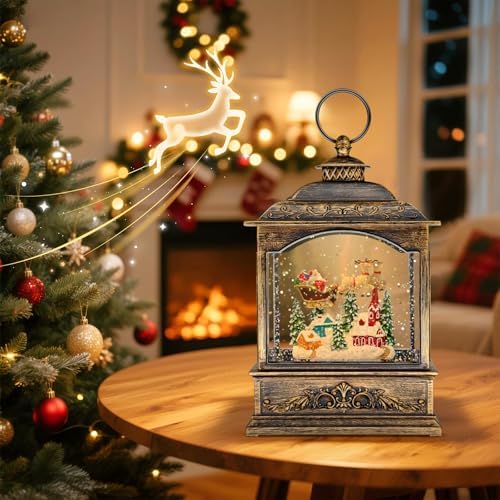 Christmas Snow Globes, Light Up Snow Globe with 6H Music Timer, Auto Snowfall, USB or Battery Powered, Christmas Globe with Santa Snow Globe Scene, Indoor Christmas Decorations for Home, Retro Gold by LLIBTYT