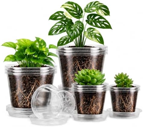 MIXC Clear Nursery Pots with Drainage Holes & Saucers, 10/8/6/5 Inch 12Pack by MIXC