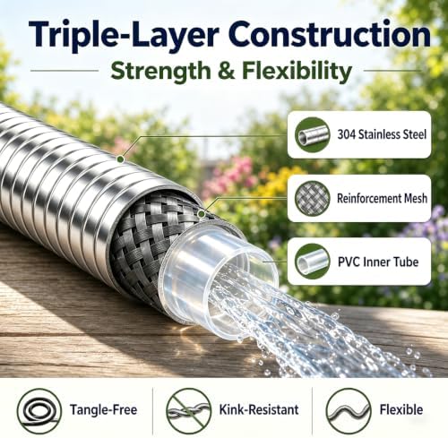 Metal Garden Hose 50 ft – 304 Stainless Steel Water Hose with Nozzle Sprayer, Garden Hoses Flexible, Lightweight, No Kink, Heavy Duty for Outdoor (50 ft) - Image 4