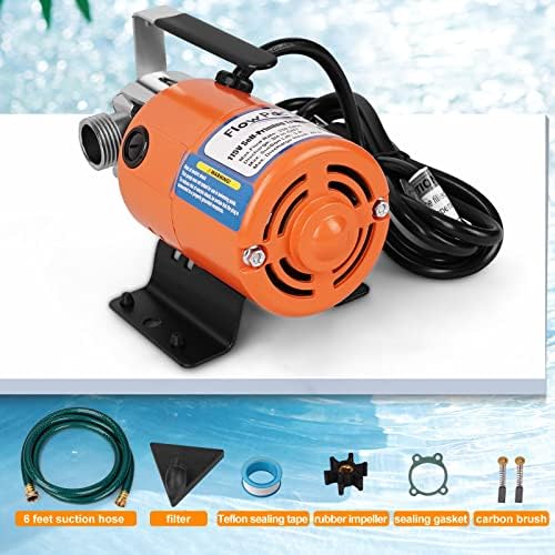 115V 1/10 HP 330 GPH Water Transfer Pump With 3/4 inch Ports, Suction Hose and Spare Impeller - Electric Utility/Sump Pump - Orange - Image 2