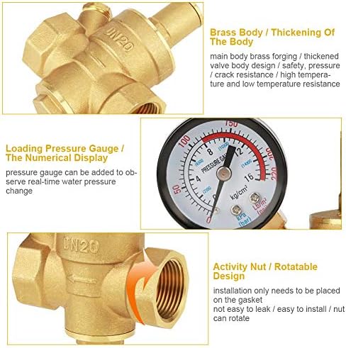 Brass Water Pressure Reducing Valve, Adjustable Pressure Regulator, Brass Pressure Regulator, DN20 G3/4 inch with Meter, 1/2 Inch Thread for Home, Garden, and Plumbing Systems - Image 4