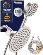 HammerHead Showers® Solid Metal Dual Shower Head Combo – BRUSHED NICKEL – 8 Inch Rainfall High Flow Shower Head & Handheld Shower Head High Pressure with Hose 6ft - Hotel-Like Double Shower Heads by HammerHeadShowers