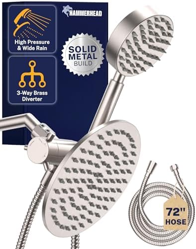 HammerHead Showers® Solid Metal Dual Shower Head Combo – BRUSHED NICKEL – 8 Inch Rainfall High Flow Shower Head & Handheld Shower Head High Pressure with Hose 6ft - Hotel-Like Double Shower Heads by HammerHeadShowers