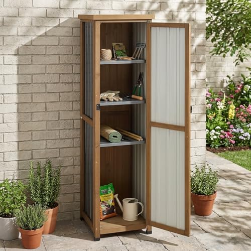 Tall Outdoor Storage Cabinet, Weatherproof Wooden Garden Potting Bench with Metal Top & Adjustable Shelves, Outdoor Patio Cabinets Work Station for Balcony, Pool, Garage - Image 2