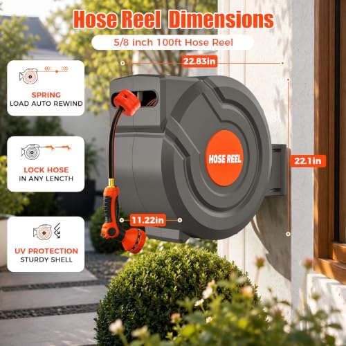 100FT Retractable Garden Hose Reel 5/8 Inch Heavy Duty Wall Mounted Retractable Hose Reel with 9-Pattern Nozzle, 180° Swivel Auto Rewind, Any Length Lock Water Hose Reel for Yard Garden Car Washing - Image 7