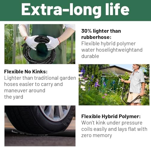 Beitopamz 100 ft Garden Hose, 5/8 in Heavy Duty Water Hose, Flexible and Durable, Lightweight Rubber Hybrid Hose, Leak-Free Connections, Male to Female 3/4'' Brass Fittings for Patio, Lawn, Black - Image 5