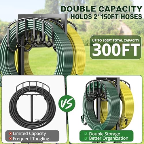 HeroicLion Garden Hose Holder Holds 2 x 151FT Hoses, Heavy-Duty Metal Freestanding Hose Stand Hanger with Stable Base, Rustproof Double Water Hose Holders for Outside Yard Lawn Farm, Black - Image 2