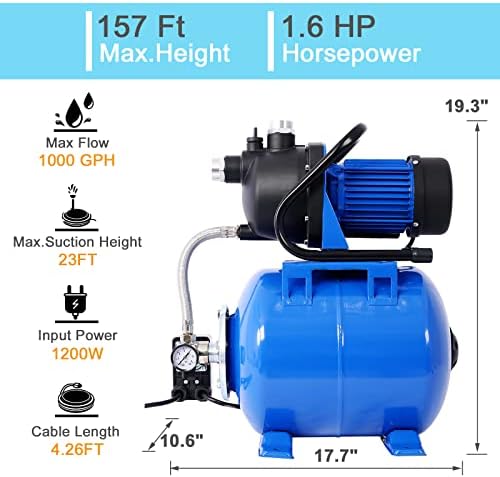 Shallow Well Pump 1.6 H P Water Pump with Pressure Tank 1000 GPH Irrigation Pump Stainless Steel Shallow Well Jet Pump 110V Water Pressure Booster Pump for Home (Blue) - Image 2