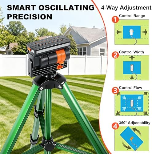 Oscillating Sprinkler Head on Telescoping Tripod Base with 2 Sprinkler Extensions, Heavy Duty Lawn Sprinklers, 360° Large Area Irrigation, Solid Metal Extension Legs & Skidproof Design - Image 5