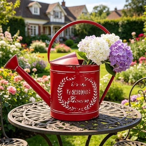 Vintage Metal Watering Can with Fresh Farmhouse Flowers Emboss Garden Distressed Red Decorative Watering Pot Farmhouse Waterer for Home Garden Balcony Courtyard Christmas Decor (Red) - Image 7