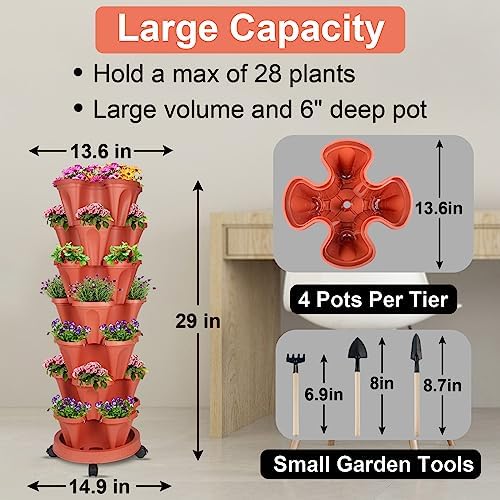 DUNCHATY Stackable Planters 7 Tier Vertical Garden Planting Tower Planters Strawberry, Herb, Flower, and Vegetable Planter Indoor Outdoor Gardening Pots with Removable Wheels and Tools - Image 3