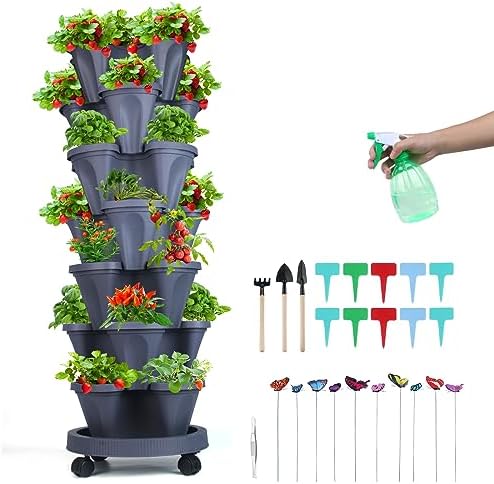GameXcel Vertical Planter Tower - 7 Tier Stackable Garden Planters with Wheels and Garden Tool Set Plant Pots for Strawberry Herb Flower and Vegetable Indoor Outdoor Use Dark Gray by GameXcel