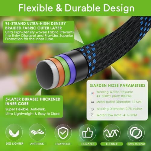 Flexible Garden Hose 100 ft with 10 Function Nozzle, 2026 Kink Free Lightweight Water Hose 100ft, Solid Metal Fittings, High Density Outer Fabric, Enhanced Inner Core for Outdoor Watering, Car Washing - Image 2
